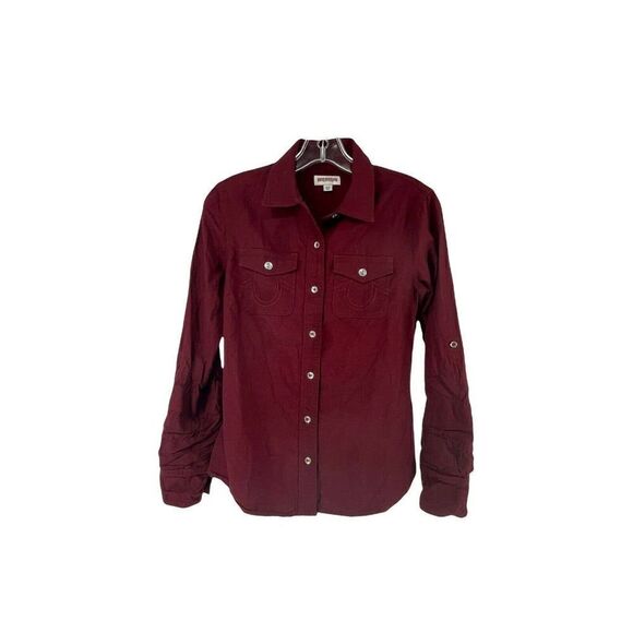 True Religion Utility Shirt Womens XS Burgundy Long Sleeve Roll Tab Button Up - Picture 1 of 9